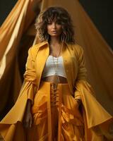 A vibrant woman exudes confidence and grace as she stands indoors, her flowing yellow dress and perfectly styled hair a stunning reflection of her bold and daring fashion sense, AI Generative photo