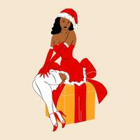 Girl is dressed in a sexy Christmas dress. Cute ladies. Pin-up, retro style.  Hand drawn modern Vector illustration.