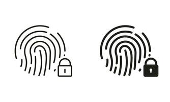 Fingerprint Identification Line and Silhouette Black Icon Set. Finger Print Scanner with Lock Symbol Collection. Biometric Identity Sign. Touch ID Pictogram. Isolated Vector Illustration.