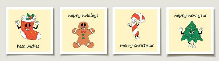 Christmas vector gift card or tag set Cute Cartoons christmas mascot. Merry christmas lettering, best wishes.