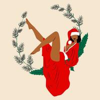 Girl is dressed in a sexy Christmas dress. Cute ladies. Pin-up, retro style.  Hand drawn modern Vector illustration.