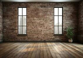 3D rendering of an empty room with big window in loft style. Wooden floor and brick wall in a modern interior. Bright and spacious space with a lot of natural light. copy space. Generative AI photo
