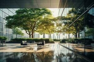 Green oasis in the city. Modern office building with lush trees in the foreground. Generative AI photo