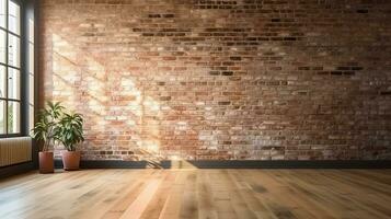 3D rendering of an empty room with big window in loft style. Wooden floor and brick wall in a modern interior. Bright and spacious space with a lot of natural light. copy space. Generative AI photo