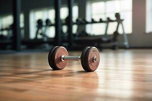 par de pesas en un de madera piso en un gimnasia. genial para aptitud física, ejercicio, y ejercicio conceptos. generativo ai foto