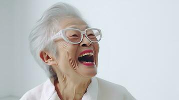 cerca arriba foto de un 80 años chino mujer riendo con Alzheimer enfermedad en blanco antecedentes. generativo ai