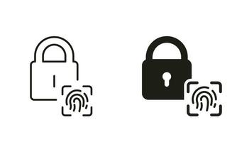 Padlock and Finger Print Biometric Identification Line and Silhouette Icon Set. Unique Thumbprint, Safety Privacy Symbol Collection. Lock with Fingerprint ID Pictogram. Isolated Vector Illustration.