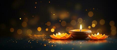 Diwali background with copy space. A lit candle on a wooden table, with a blurred bokeh background of lights. Perfect for advertising, banners, and social media posts. Generative AI photo