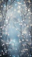 Sparkling silver branches on a light silver blur background, creating a magical. Template for Christmas and New Year cards, social media posts, and website designs. Copy space. Generative AI photo