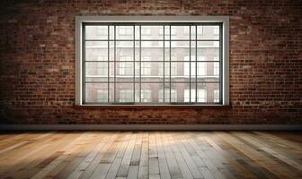 3D rendering of an empty room with big window in loft style. Wooden floor and brick wall in a modern interior. Bright and spacious space with a lot of natural light. copy space. Generative AI photo