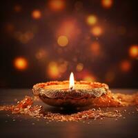 Diwali background with copy space. A lit candle on a wooden table, with a blurred bokeh background of lights. Perfect for advertising, banners, and social media posts. Generative AI photo