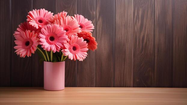 gerbera margarita flor en madera antecedentes con Copiar espacio, ai generativo foto