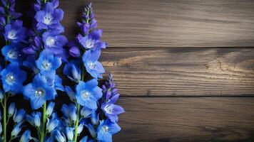 espuela de caballero flor en madera antecedentes con Copiar espacio, ai generativo foto