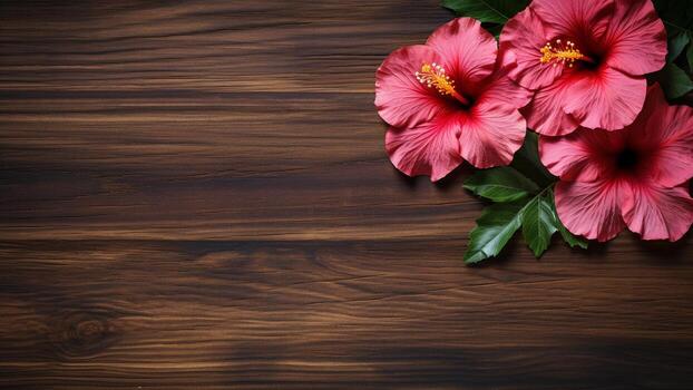 hibisco flor en madera antecedentes con Copiar espacio, ai generativo foto