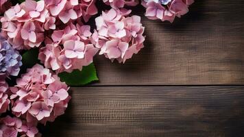 Hydrangea Hydrangea macrophylla on Wooden, AI Generative photo