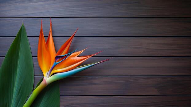 pájaro de paraíso flor en madera antecedentes con Copiar espacio, ai generativo foto