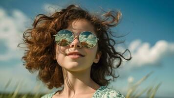 elegante verano Moda retrato niña en Gafas de sol en pastel, ai generativo foto