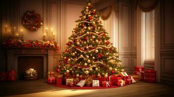 Christmas Tree A Festive Display of Illuminated Decor and Gifts, AI Generative photo