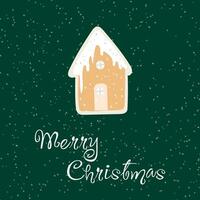 Christmas card with gingerbread in the form of a house on a dark green background and white snowflakes. vector