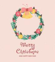 Christmas card with a Christmas wreath and bells on a beige background with snowflakes. vector