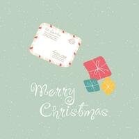 Christmas card with a letter for Santa and gifts on a light green background with snowflakes. vector