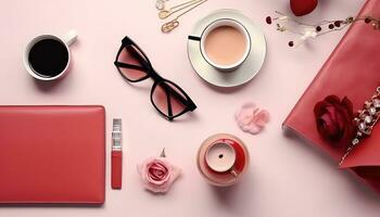Tabletop Flat Lay Composition with Various Accessories AI generated photo