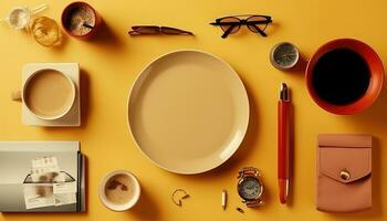 Tabletop Flat Lay Composition with Various Accessories AI generated photo