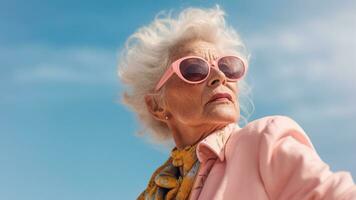 Fashionable Portrait of an Elderly Woman Wearing Sunglasses, AI Generative photo