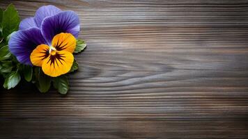 pensamiento flor en un madera antecedentes con Copiar espacio, ai generativo foto