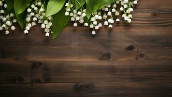 Lily of the Valley Flower on Wooden Background with Copy Space, AI Generative photo