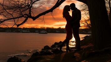 romántico puesta de sol siluetas para san valentin día en el noche brillo, ai generativo foto