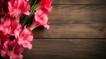 Gladiolus Flower on a Wood Background with Copy Space, AI Generative photo