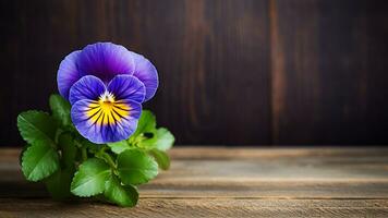 pensamiento flor en un madera antecedentes con Copiar espacio, ai generativo foto