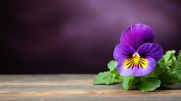 pensamiento flor en un madera antecedentes con Copiar espacio, ai generativo foto