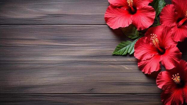 hibisco flor en madera antecedentes con Copiar espacio, ai generativo foto