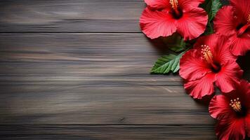 Hibiscus Flower on Wood Background with Copy Space, AI Generative photo