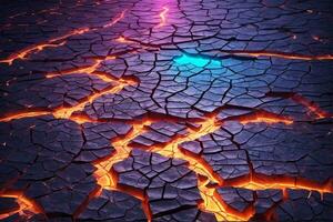 Neon Glowing Cracked Earth Texture Background, Earth Cracked Texture Background, Fire Inside Cracked Earth, Lava Background, AI Generative photo