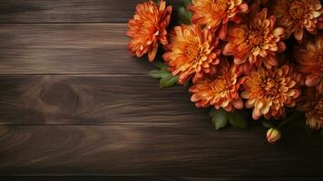 Chrysanthemum Flower on Wood Background with Copy Space, AI Generative photo