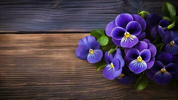 pensamiento flor en un madera antecedentes con Copiar espacio, ai generativo foto