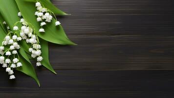 Lily of the Valley Flower on Wooden Background with Copy Space, AI Generative photo