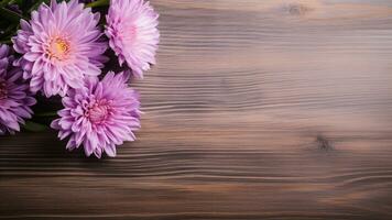 Aster Asteraceae on Wood Background with Copy Space, AI Generative photo
