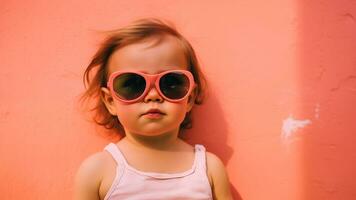 Fashion Portrait of Stylish Baby Girl with Sunglasses on Summer, AI Generative photo