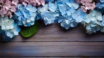 Hydrangea Hydrangea macrophylla on Wooden, AI Generative photo