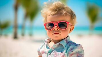 Fashion Portrait of a Stylish Baby Boy Wearing Sunglasses, AI Generative photo