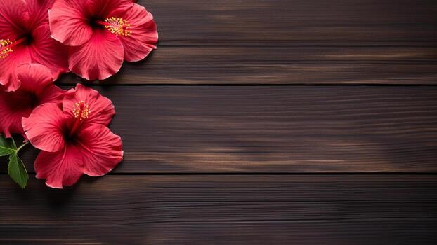 hibisco flor en madera antecedentes con Copiar espacio, ai generativo foto