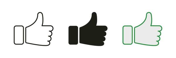 Like, Ok, Good Choice Pictogram Set. Thumb Up Silhouette and Line Icons. Finger Up Black and Color Button for Social Media. Approve, Confirm, Vote Gesture Sign. Isolated Vector Illustration.