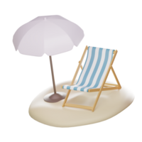 3d semester ikon strand solstol med paraply, trä- däck stol. sommartid koppla av isolerat på isolerat element på vit transparent bakgrund illustration png 3d tolkning.