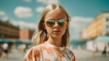 Stylish Summer Fashion Portrait Girl in Sunglasses on Pastel, AI Generative photo