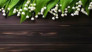 Lily of the Valley Flower on Wooden Background with Copy Space, AI Generative photo
