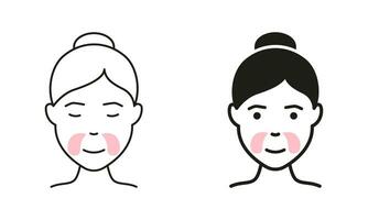 Face Anti Aging Procedure, Cosmetic Collagen Patches Against Wrinkles Symbol Collection. Patches for Beauty Skin. Girl Use Gel Patch Line and Silhouette Icon Set. Isolated Vector Illustration.